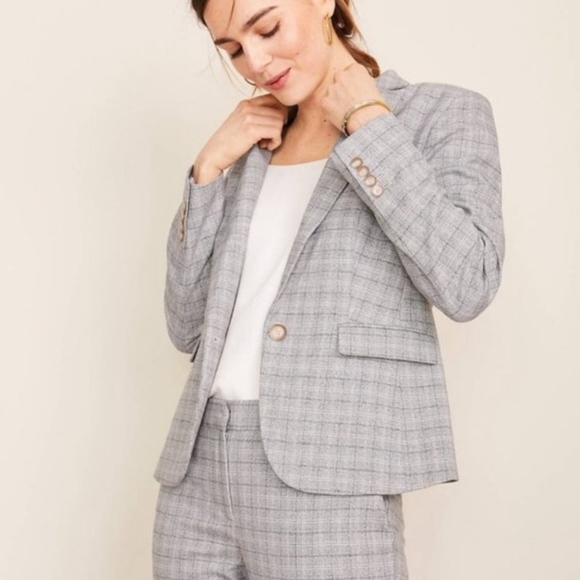Ann Taylor Grey Glen Plaid One Button Blazer Suit Jacket Size 12 - Picture 1 of 15